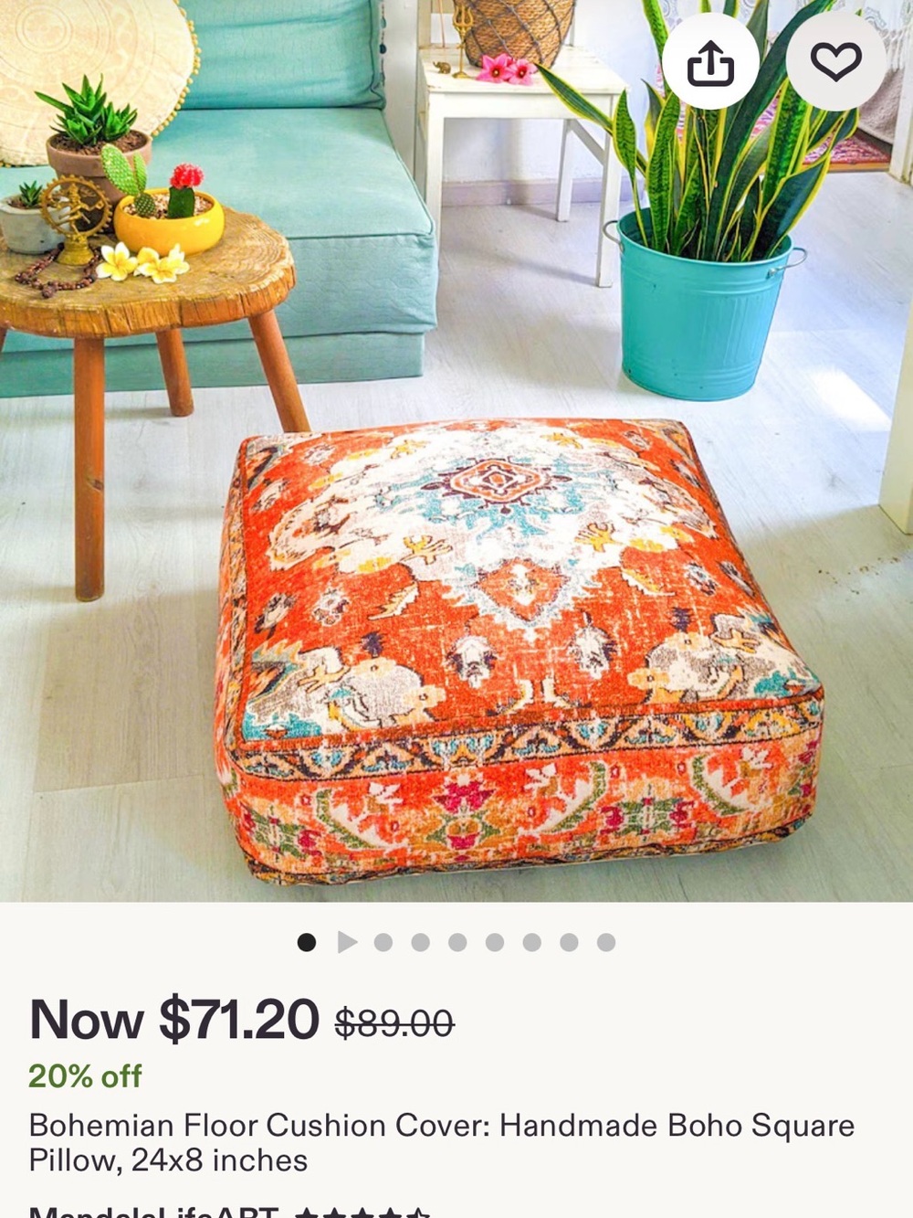 Handmade Bohemian Orange Square Floor Pillow Cover - Vibrant Accent Cushion